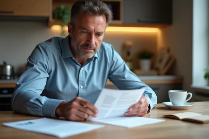 Homme d'affaires lisant un document bancaire dans un appartement