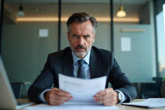 Homme d'affaires inquiet tenant des formulaires rejetes dans un bureau bancaire