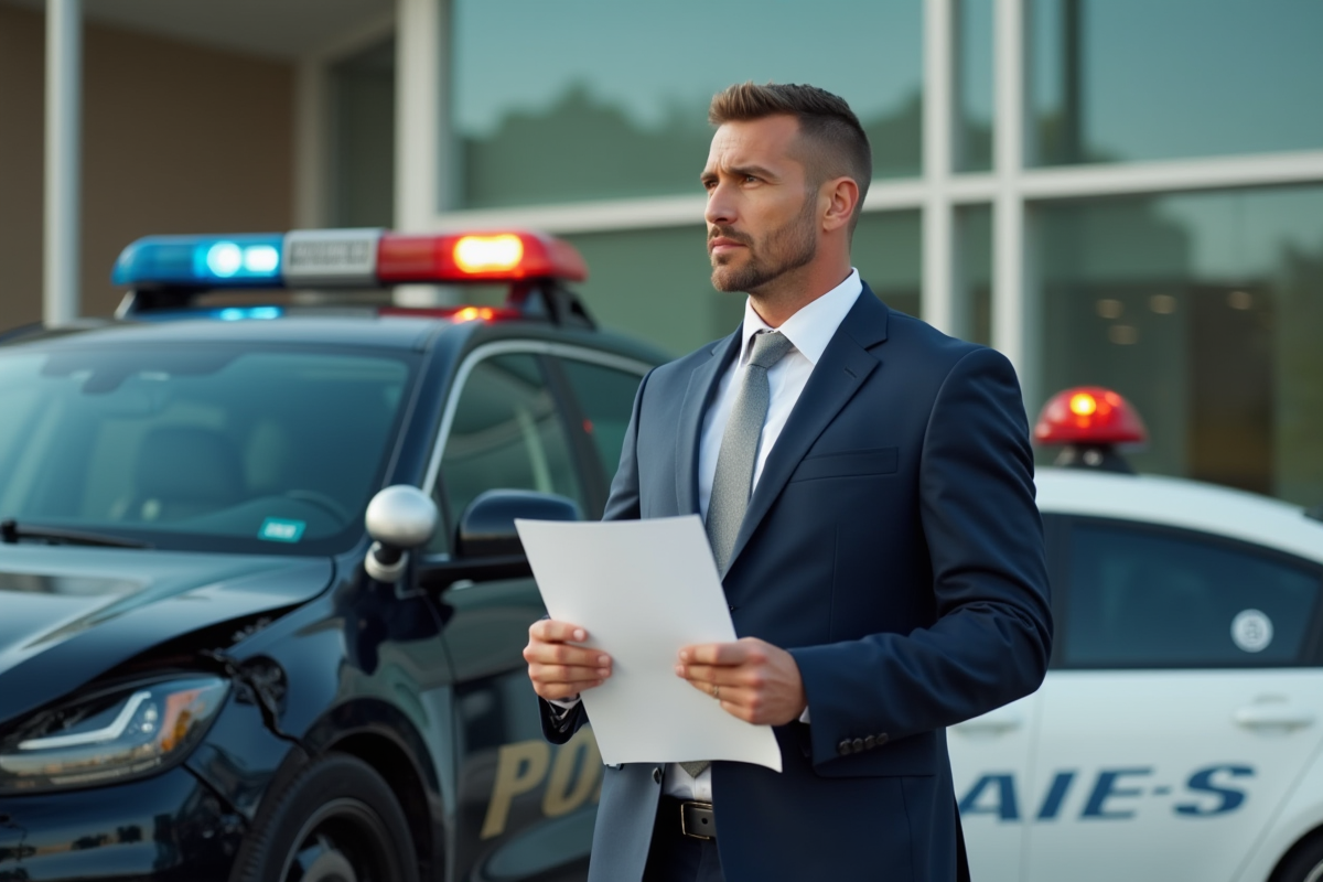 Homme d'affaires avec papiers devant une voiture accidentée