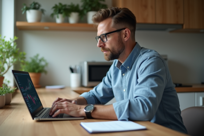 Homme d'âge moyen analysant des graphiques boursiers à la maison