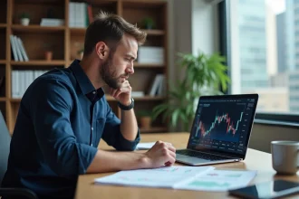 Un homme analysant des graphiques boursiers de CMA CGM sur un bureau avec un ordinateur portable, illustrant l'investissement en bourse pour débutants