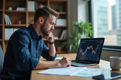 Un homme analysant des graphiques boursiers de CMA CGM sur un bureau avec un ordinateur portable, illustrant l'investissement en bourse pour débutants