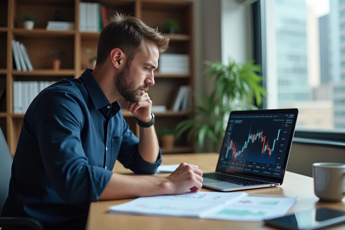 Un homme analysant des graphiques boursiers de CMA CGM sur un bureau avec un ordinateur portable, illustrant l'investissement en bourse pour débutants