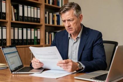 Homme d'affaires analysant des documents financiers liés à la cession de parts de SCPI dans un bureau à domicile