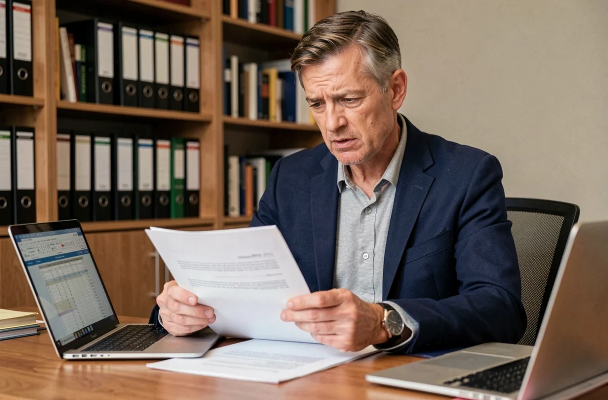 Homme d'affaires analysant des documents financiers liés à la cession de parts de SCPI dans un bureau à domicile