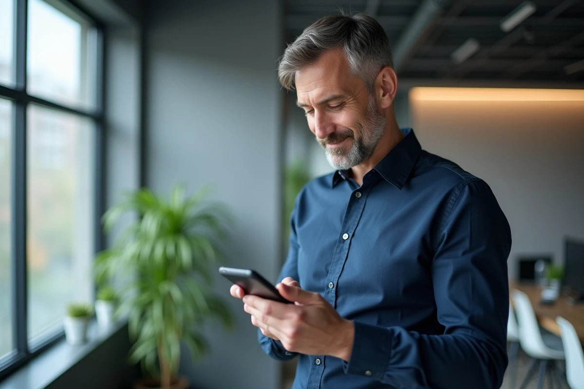 Homme consultant le relevé de son compte Nickel sur smartphone dans un bureau moderne pour suivre un virement entrant