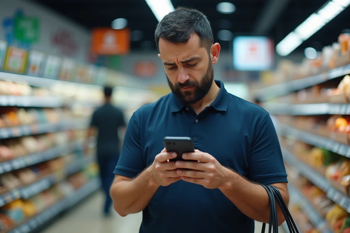 Homme consultant son application Bimpli sur smartphone dans un supermarché pour utiliser ses titres-restaurant