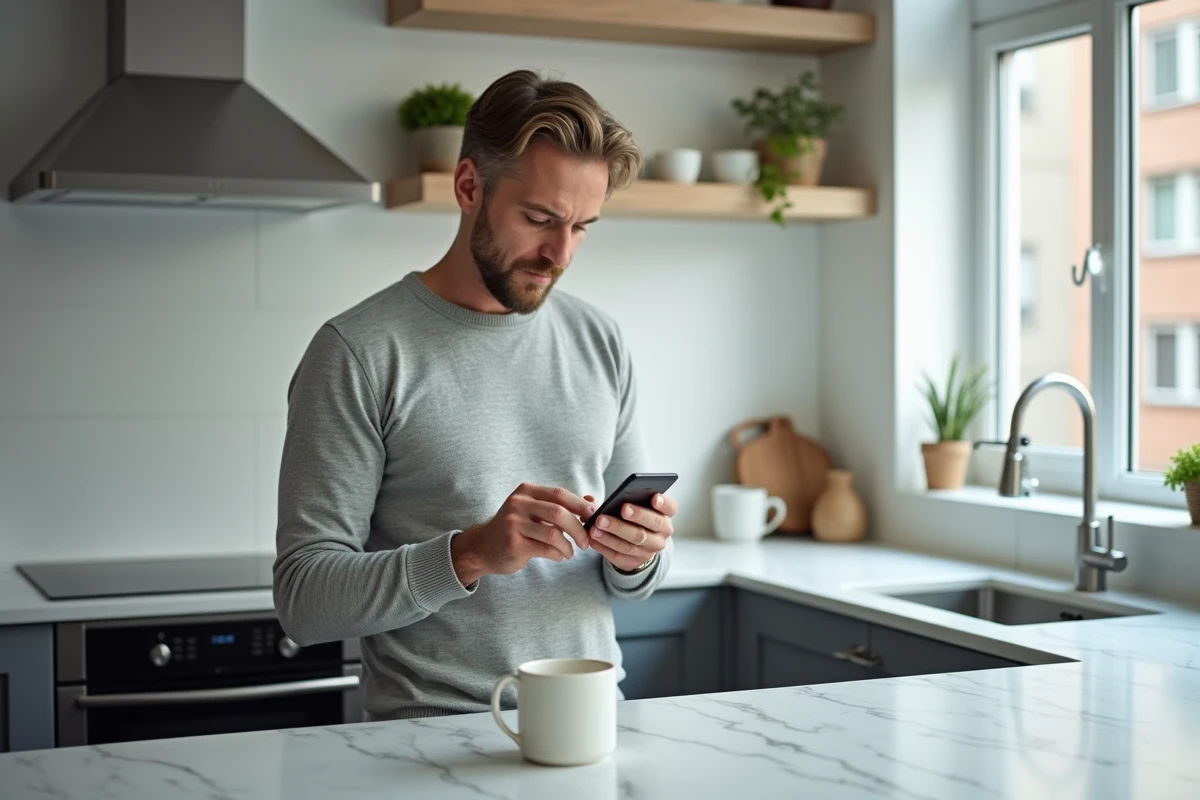Homme consultant une application d'épargne sur smartphone dans une cuisine moderne avec assurance vie et placement financier