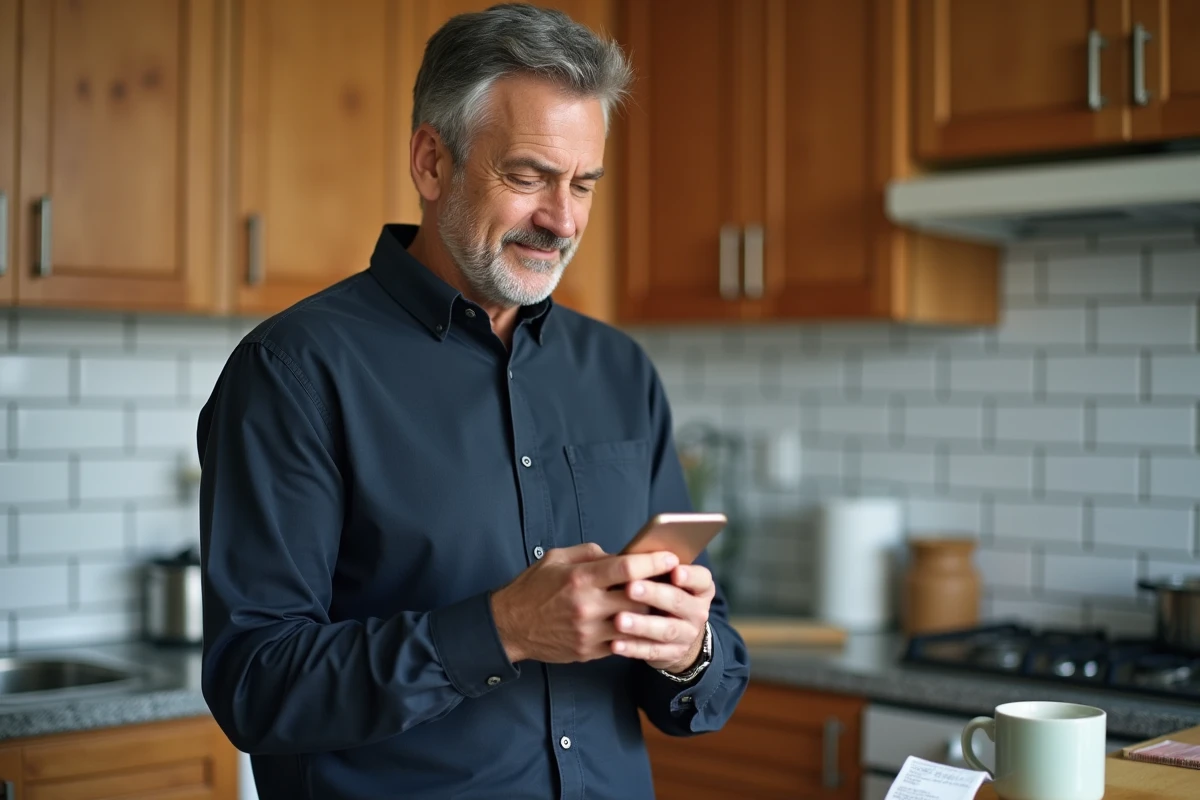 Homme consultant une application de gestion financière sur smartphone dans sa cuisine au quotidien