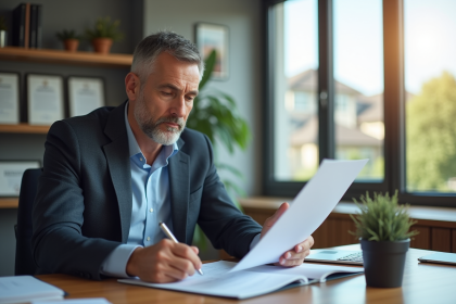 Homme d'âge moyen en costume examine documents d'assurance maison