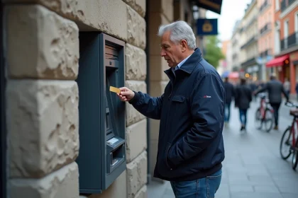 Homme d'&acirc;ge moyen devant un distributeur en ville