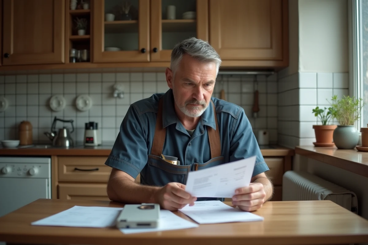 Homme v&eacute;rifiant ses factures dans sa cuisine