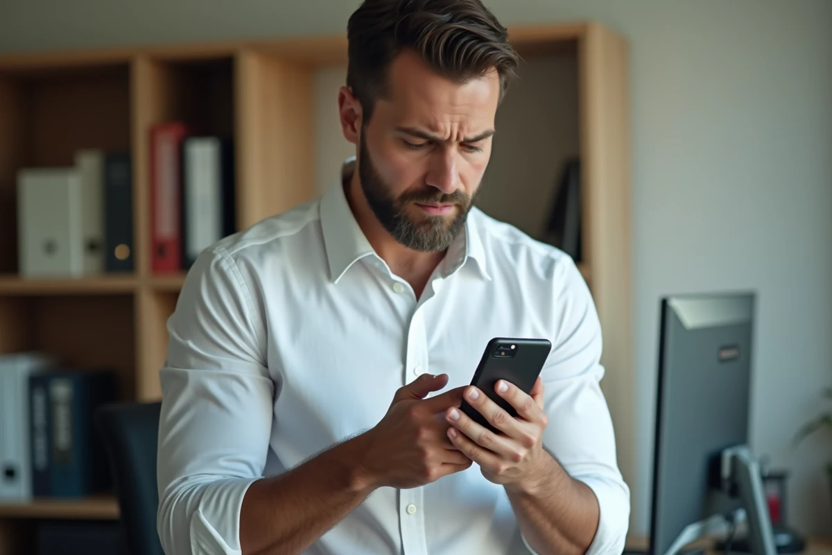 Homme consultant son smartphone face à un blocage de paiement sur l'espace client Free