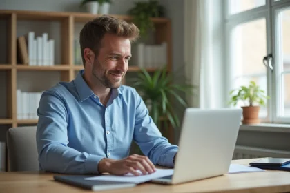 Homme d'&acirc;ge moyen travaillant sur un ordinateur dans un bureau moderne