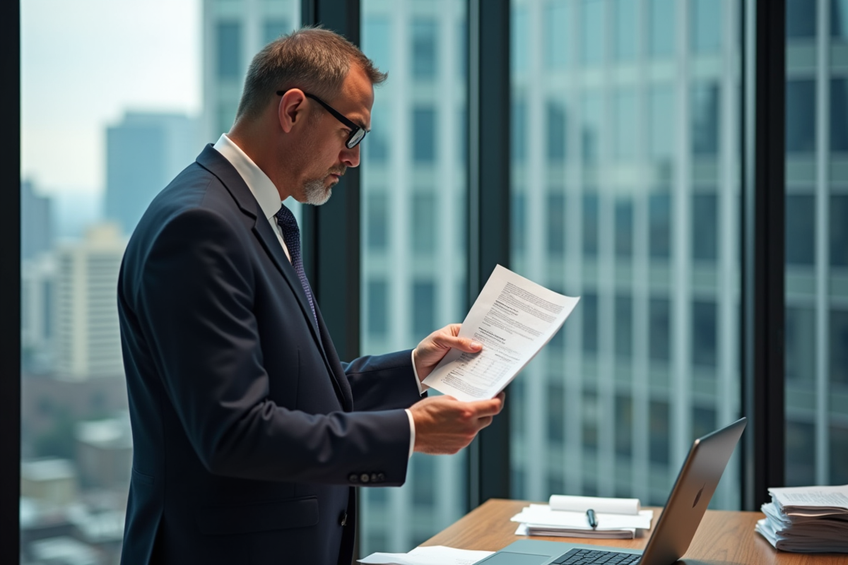 Homme d affaires vérifiant documents financiers au bureau