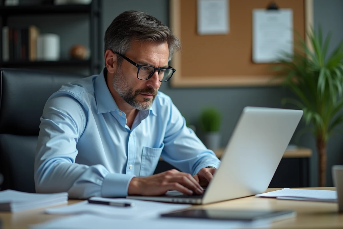 Homme au bureau travaillant sur son ordinateur portable