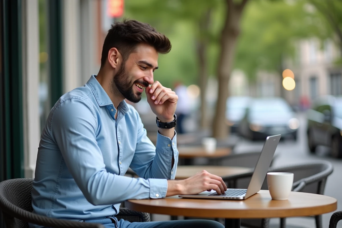 Homme d&eacute;contract&eacute; au caf&eacute; remplissant un formulaire bancaire