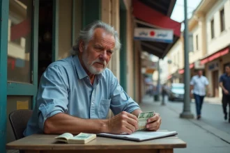 Homme d'âge moyen comptant des billets dans une rue animée