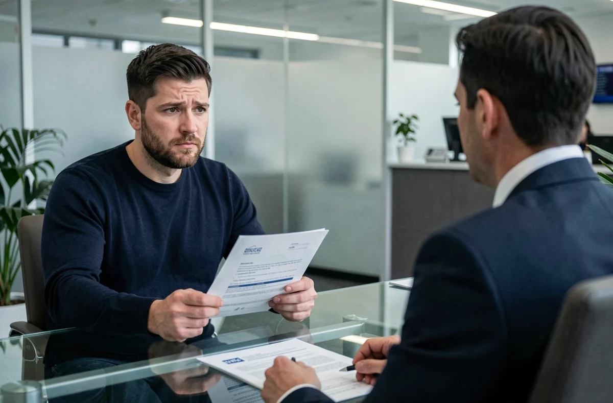 Homme hésitant face à un conseiller bancaire lors d'une discussion sur un prêt sans refus