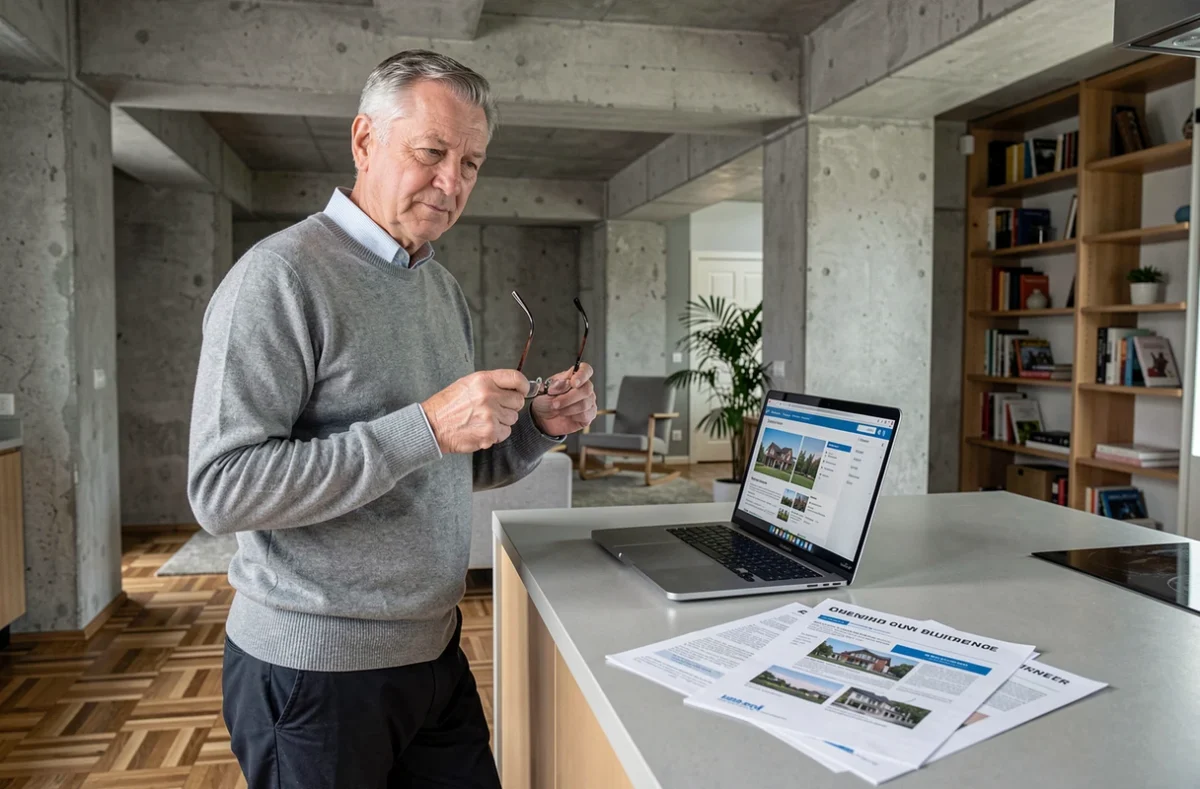 Homme retraité consultant un site de placement SCPI en nue-propriété depuis son appartement