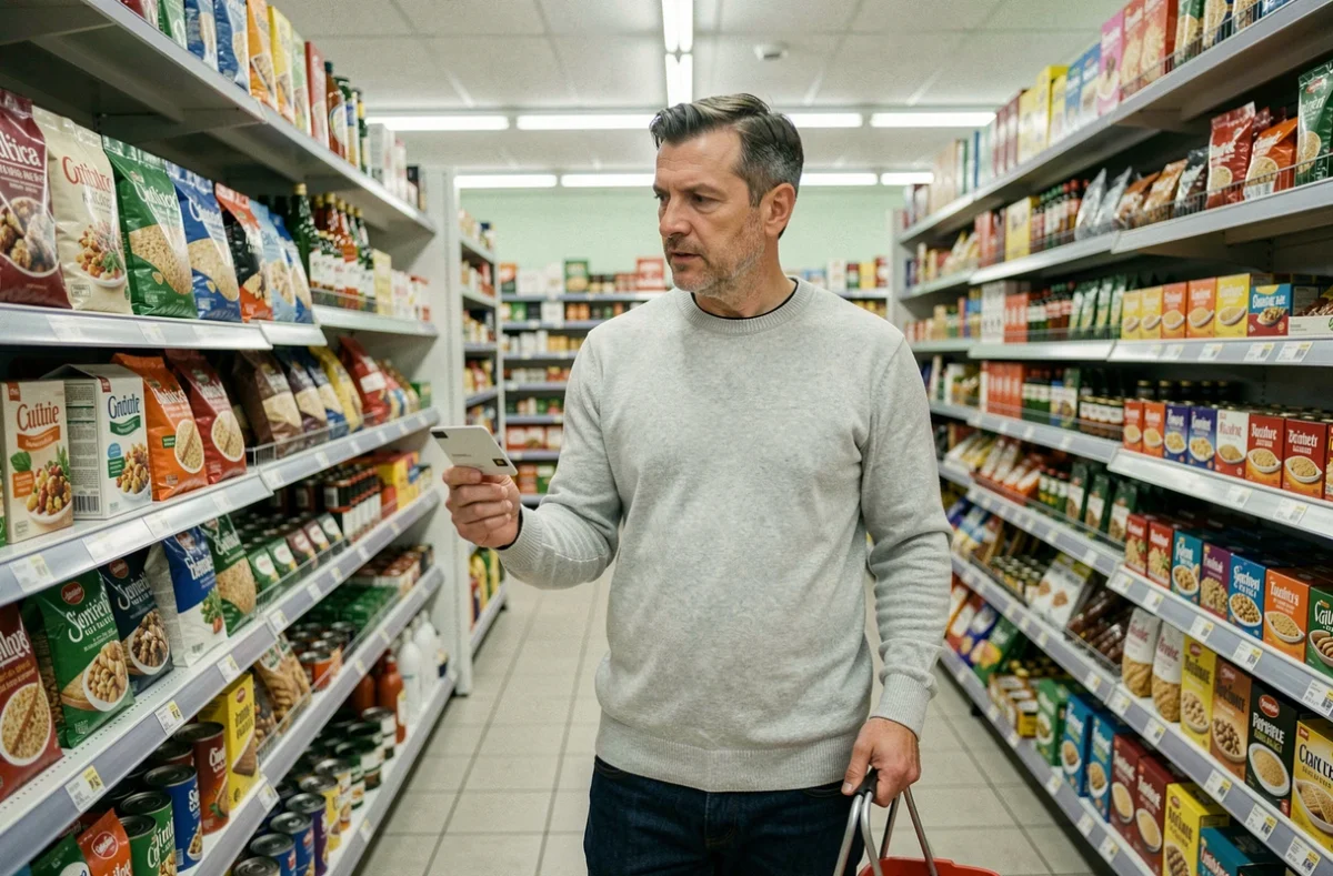 Homme faisant ses courses en supermarché avec une carte Bimpli CADO enseigne à la main