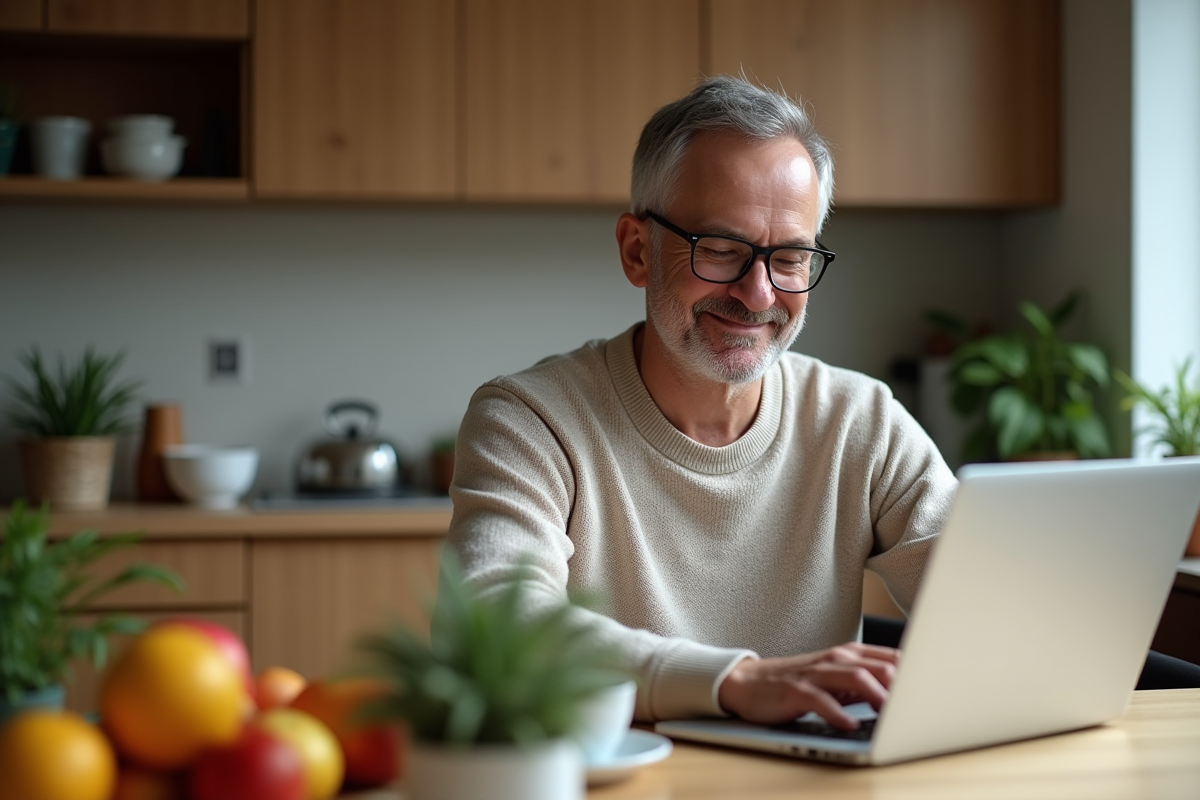 Homme au domicile utilisant un ordinateur portable