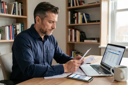 Homme consultant son application Trade Republic et ses documents fiscaux pour remplir sa déclaration d'impôts sans erreurs