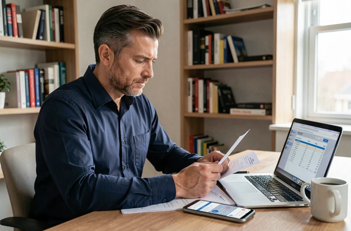Homme consultant son application Trade Republic et ses documents fiscaux pour remplir sa déclaration d'impôts sans erreurs