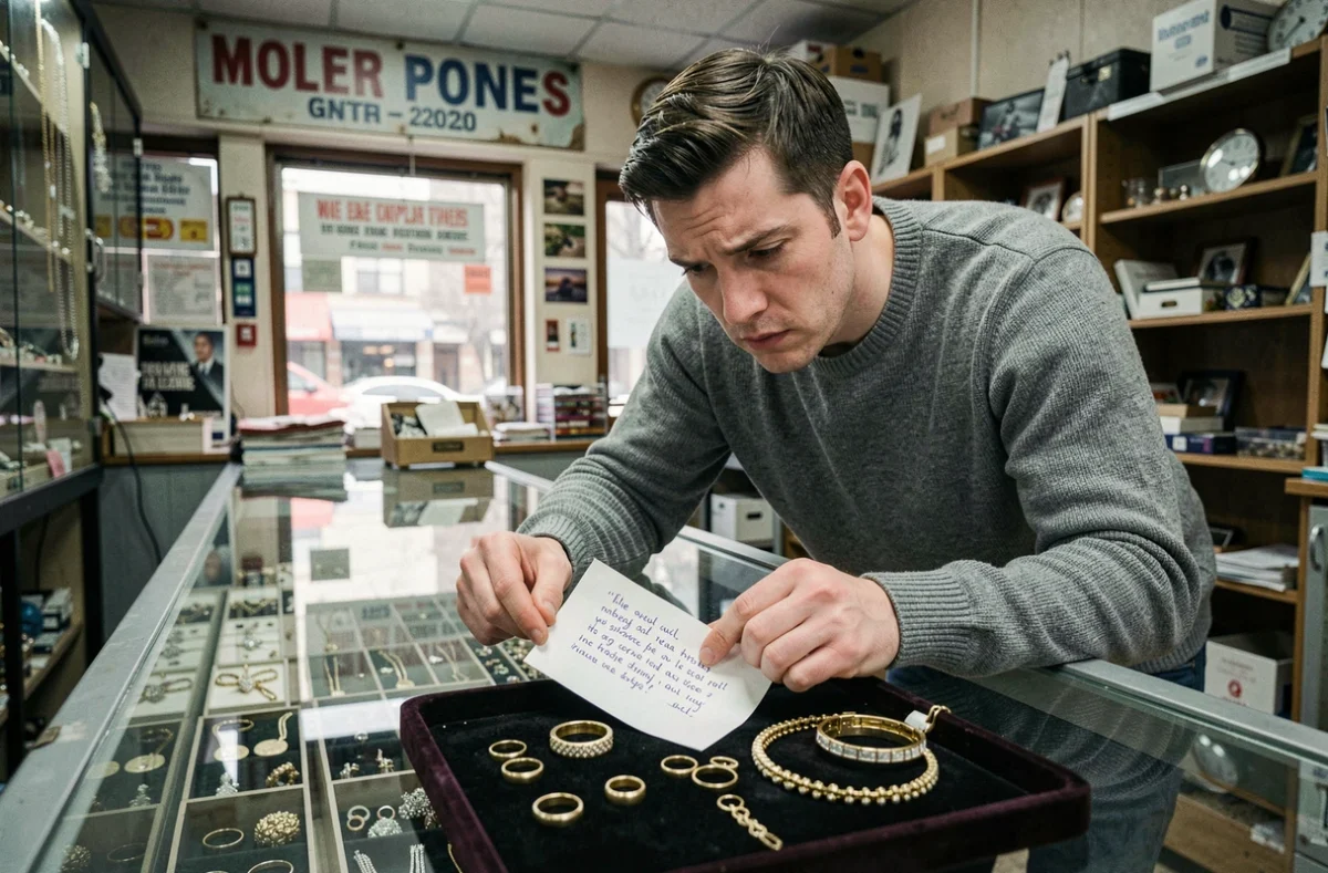 Homme examinant un devis écrit dans un bureau de rachat de bijoux avec bagues et bracelet en or sur plateau