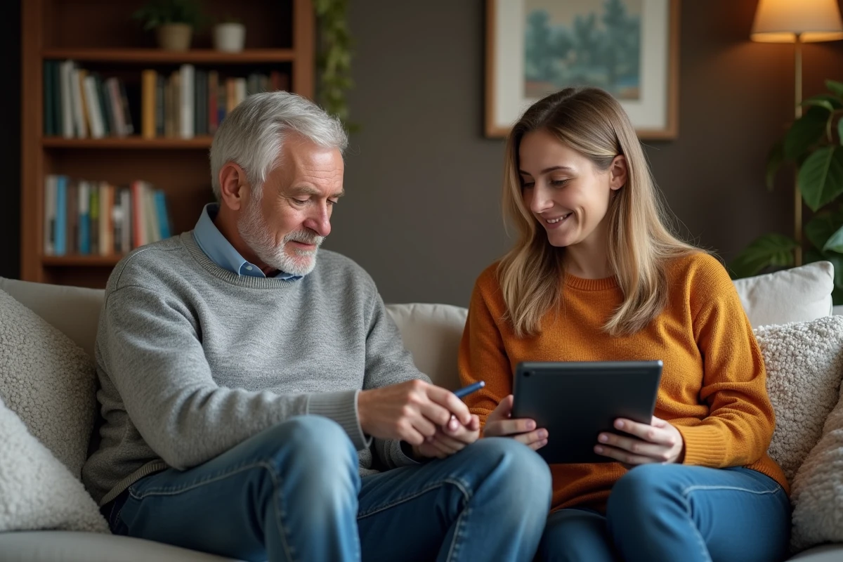 Homme mature discute avec une femme sur une tablette dans un salon