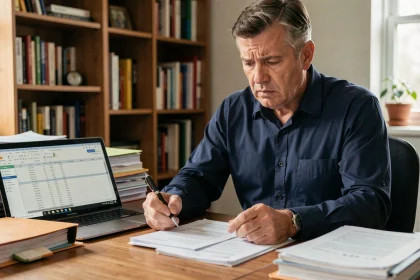 Homme consultant des documents bancaires à son bureau pour gérer un interdit bancaire
