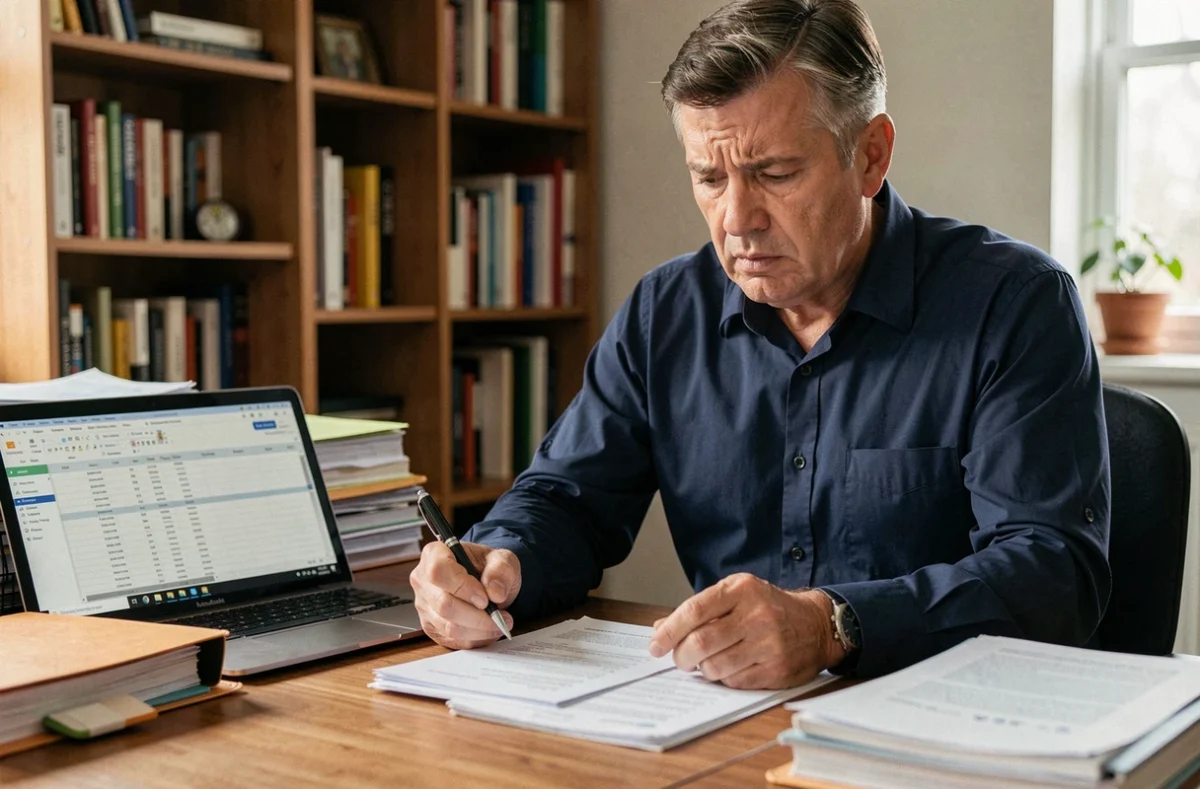 Homme consultant des documents bancaires à son bureau pour gérer un interdit bancaire