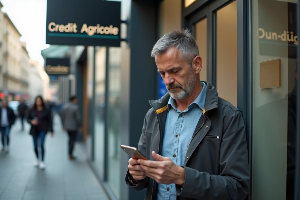 Homme v&eacute;rifiant son smartphone devant une agence bancaire