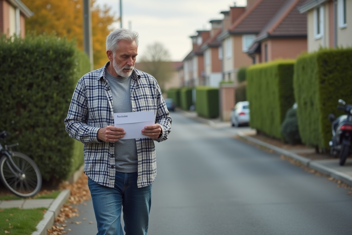 Homme marchant dans la rue avec une enveloppe retraite
