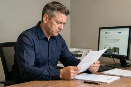 Un homme en chemise bleue examine des documents administratifs liés au FRCI Île-de-France dans un bureau moderne