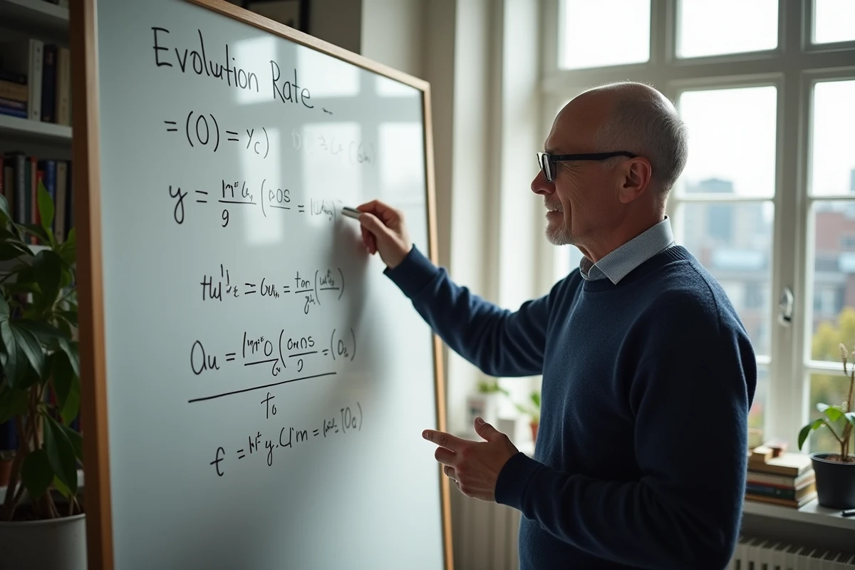Homme explique une formule sur un tableau blanc dans un bureau lumineux