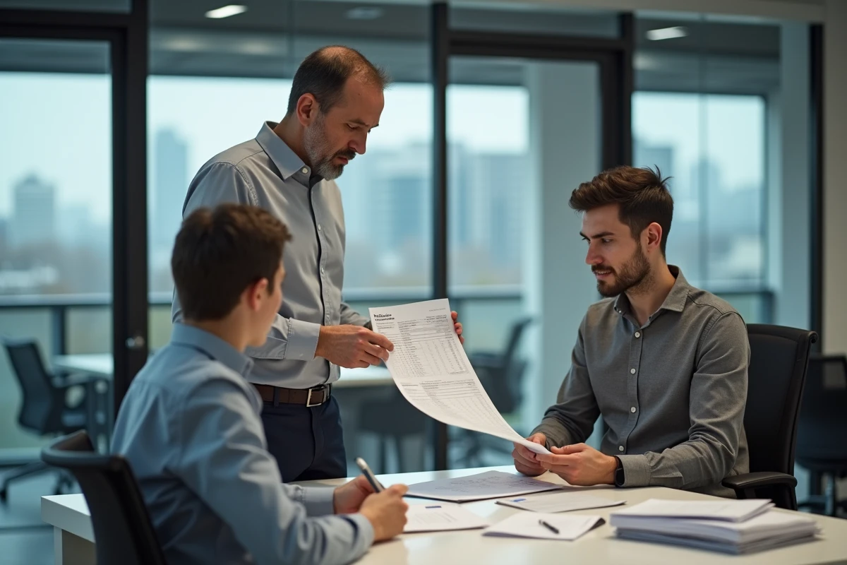 Homme explique un rapport comptable a un jeune collegue