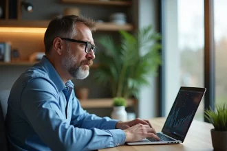 Homme d'âge moyen analysant des graphiques financiers dans un bureau
