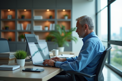 Homme d'affaires en bleu analysant des graphiques financiers