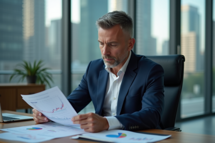 Homme d'affaires en costume bleu analysant des graphiques financiers