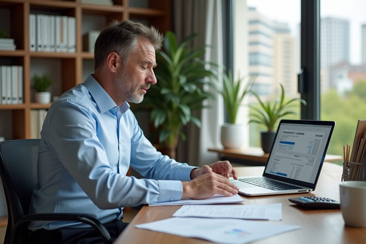 Homme d'âge moyen dans un bureau moderne examinant des documents immobiliers