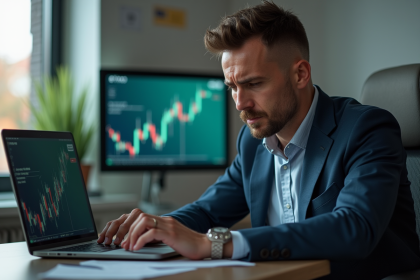 Homme inquiet devant un ordinateur avec graphique financier négatif