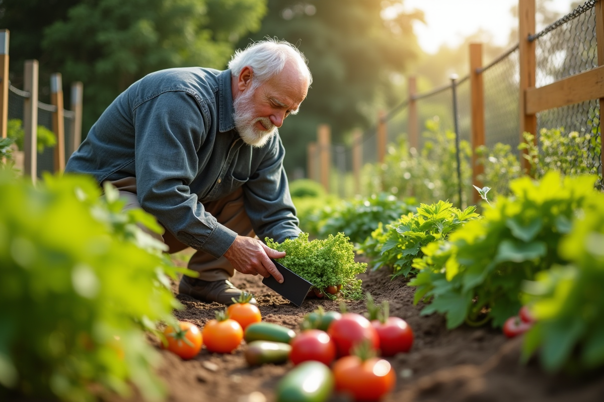 Homme âgé récoltant des légumes dans son jardin en plein jour