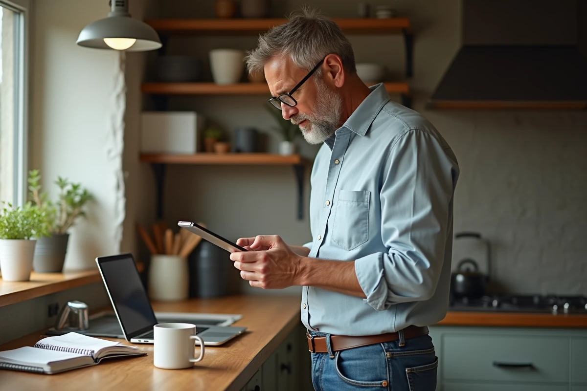Homme dans la cuisine utilisant une tablette