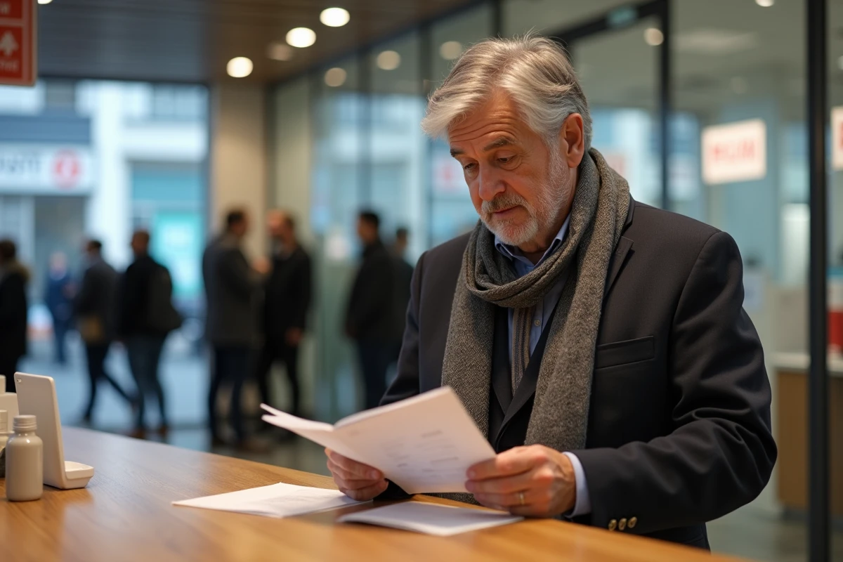 Homme examinant un brochure tarifaire dans un bureau de poste