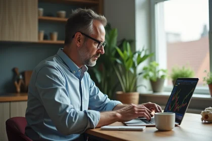 Homme d'&acirc;ge moyen v&eacute;rifiant les cours de l'or sur son ordinateur