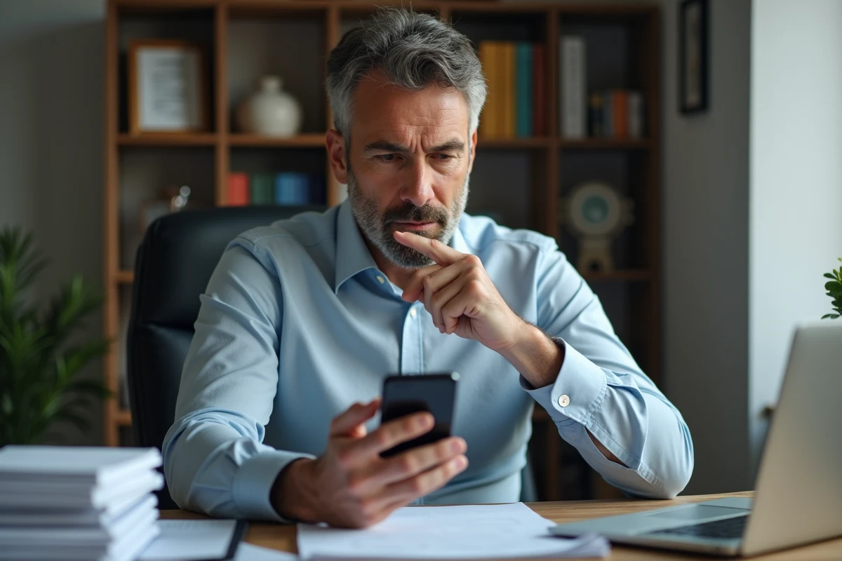 Homme d'âge moyen utilisant son smartphone au bureau