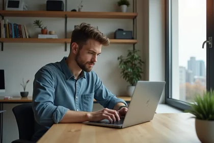Jeune homme travaillant sur un ordinateur avec graphiques crypto