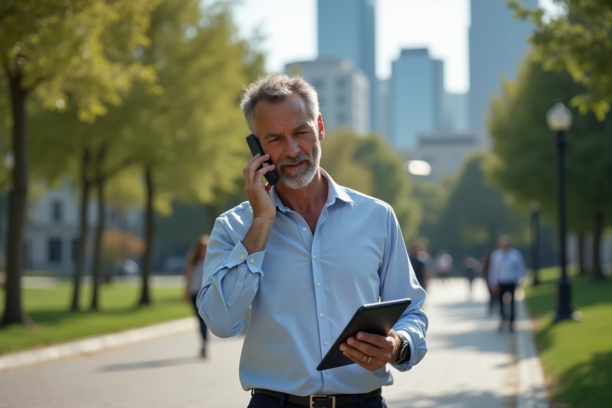 Homme en ville parlant au t&eacute;l&eacute;phone dans un parc