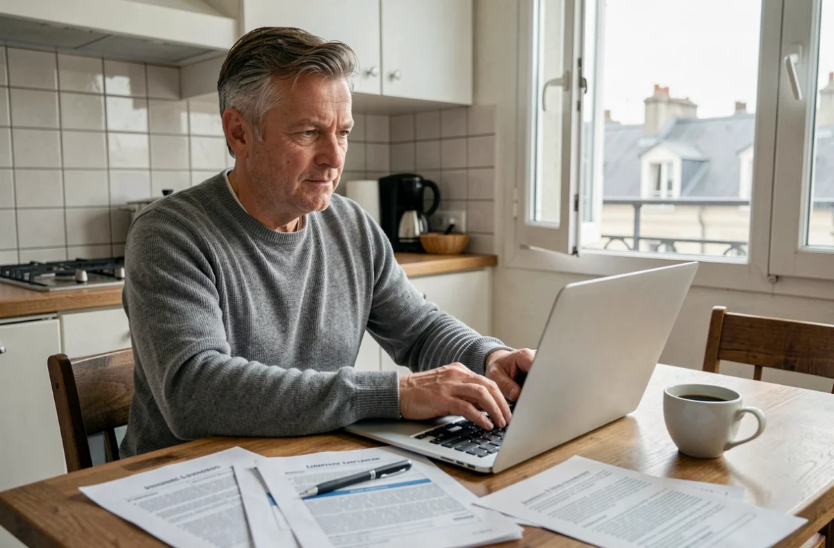 Un homme consulte les critères du FRCI Île-de-France sur son ordinateur portable depuis son appartement parisien